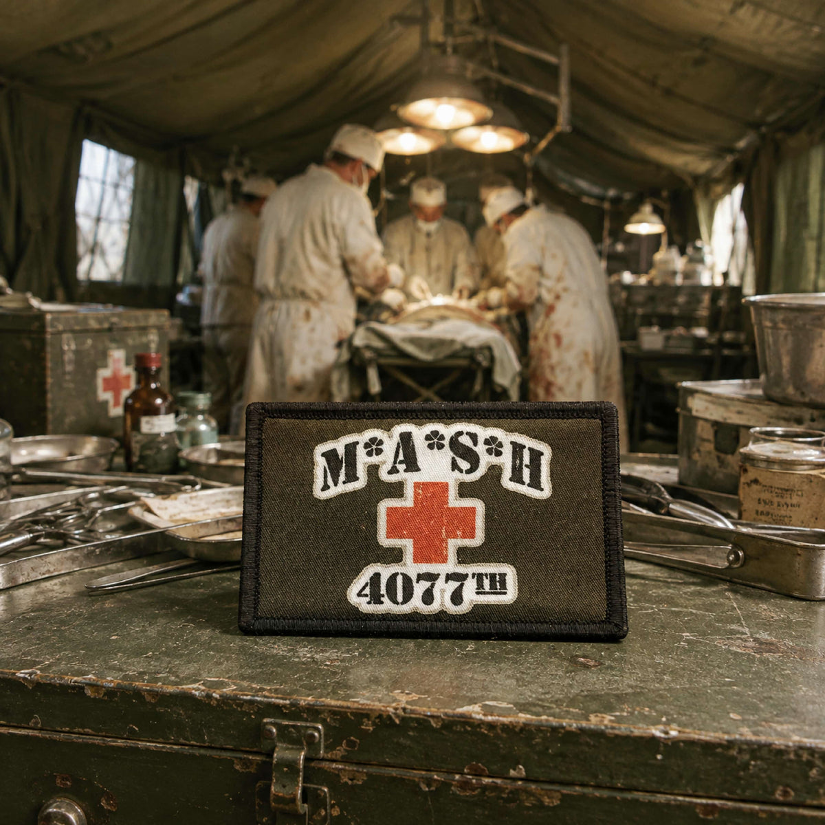 MASH 4077th morale patch with red medical cross on olive drab background