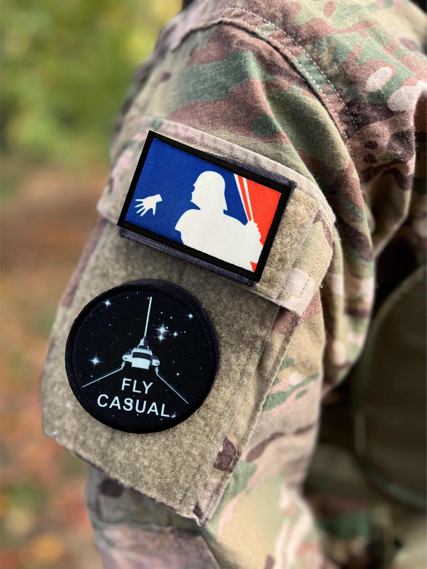 Fly Casual Star Wars Morale Patch on OCP camo shirt sleeve