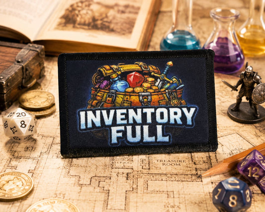 Inventory Full morale patch showing an overflowing RPG loot chest with gold coins potions and a sword on dnd gaming table