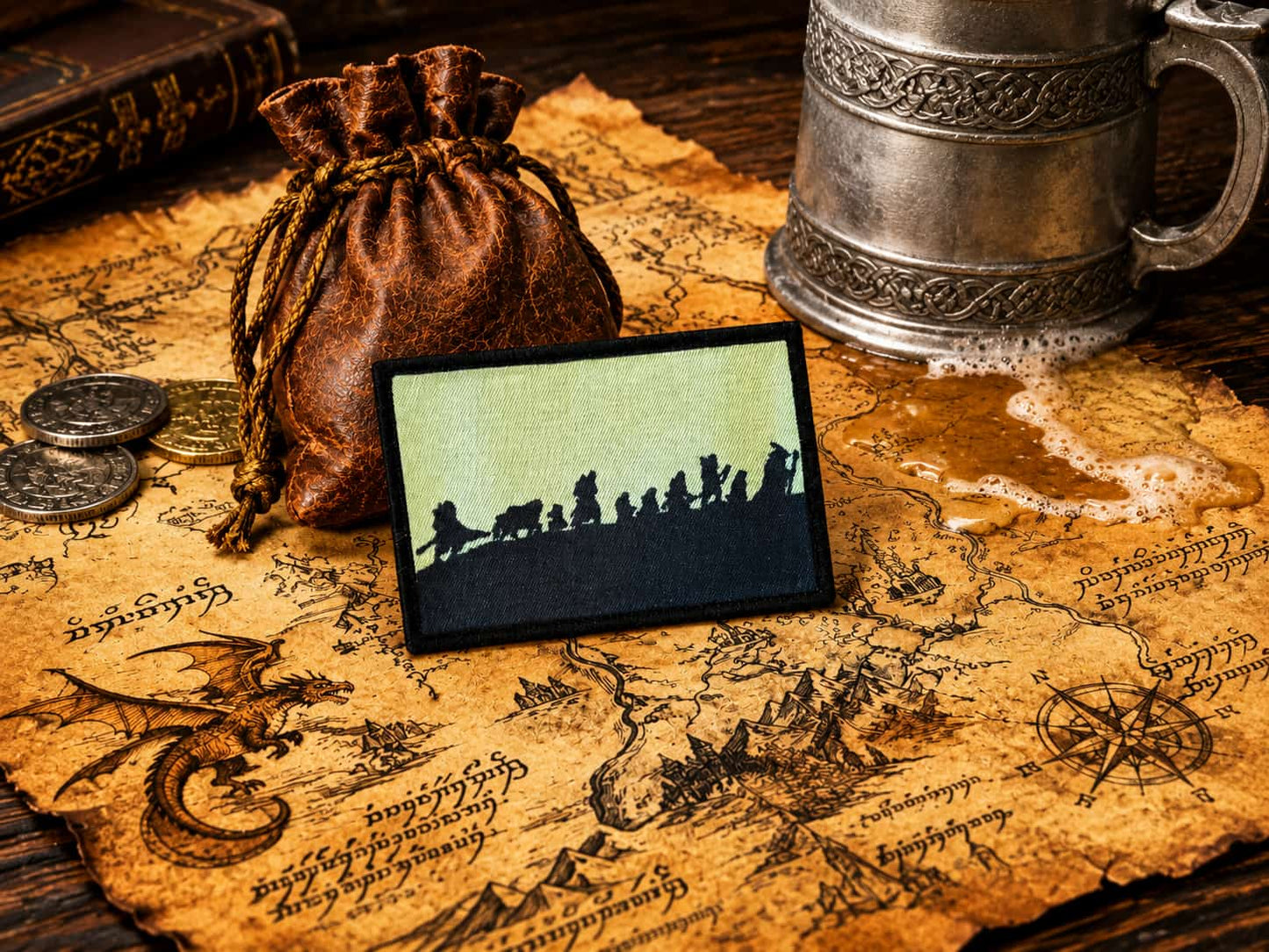 Fellowshiop of the Ring LOTR Morale Patch in a fantasy pub setting