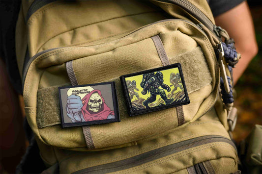 Tan backpack with Sasquatch Ruck Bigfoot Morale patch