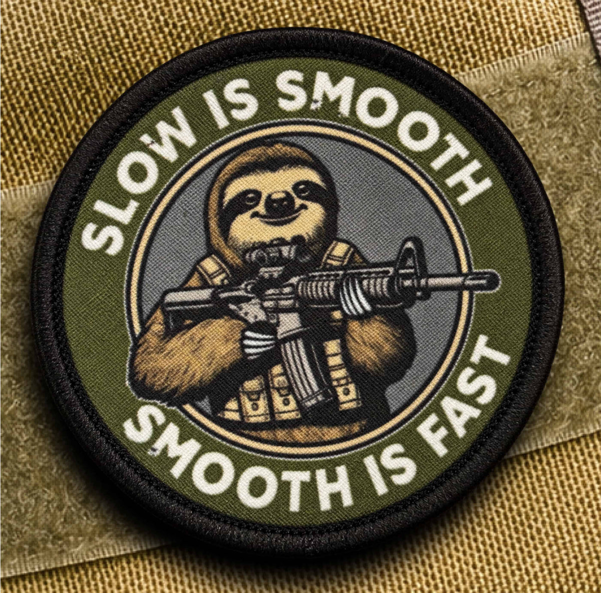 Slow Is Smooth Smooth Is Fast morale patch attached to the loop panel of a tactical vest