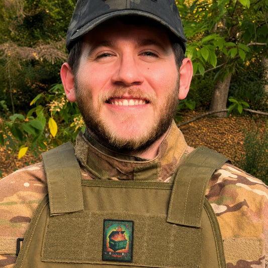 Dumpster Fire Tarot Card Morale Patch on a green tactical vest