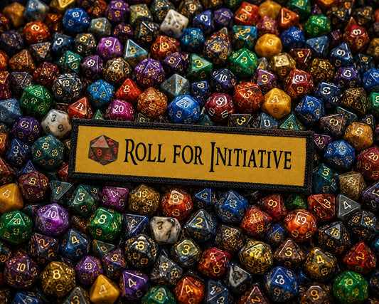 Roll for initiative D20 morale Patch on top of a pile of RPG gaming dice