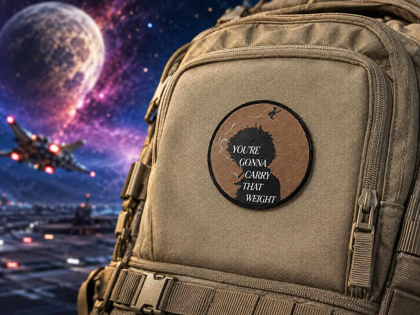 YOU'RE GONNA CARRY THAT WEIGHT hook and loop morale patch on a tactical backpack