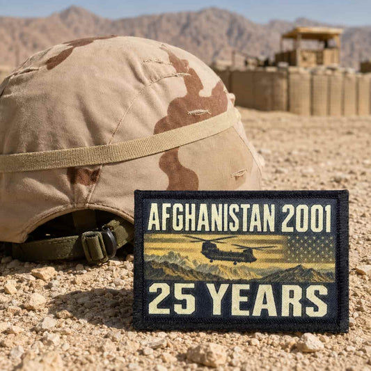 Afghanistan 2001 25 Years Morale Patch close-up of dye-sublimation printed Chinook silhouette and dust storm