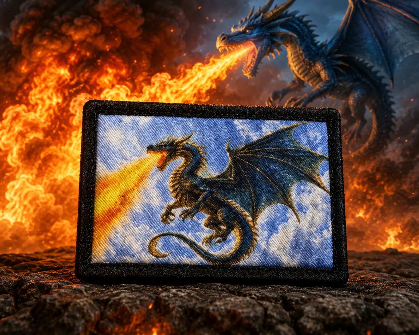 Blue Dragon DnD Roleplayer Morale Patch in front of a picture of a fire breathing dragon