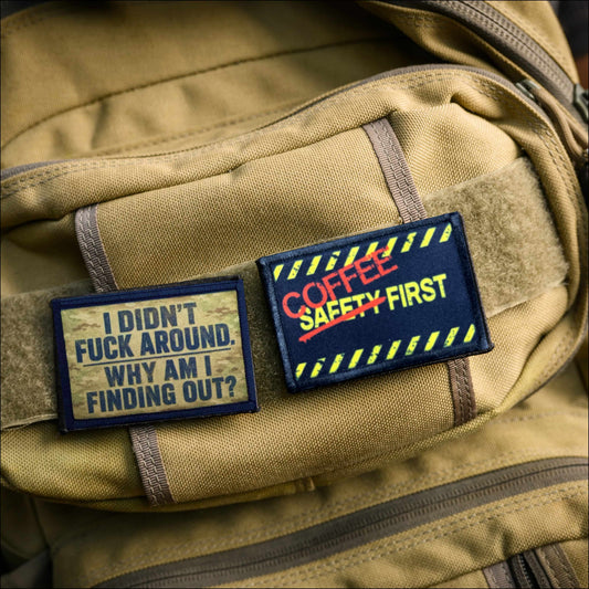 Coffee FIrst Funny Morale Patch on backpack