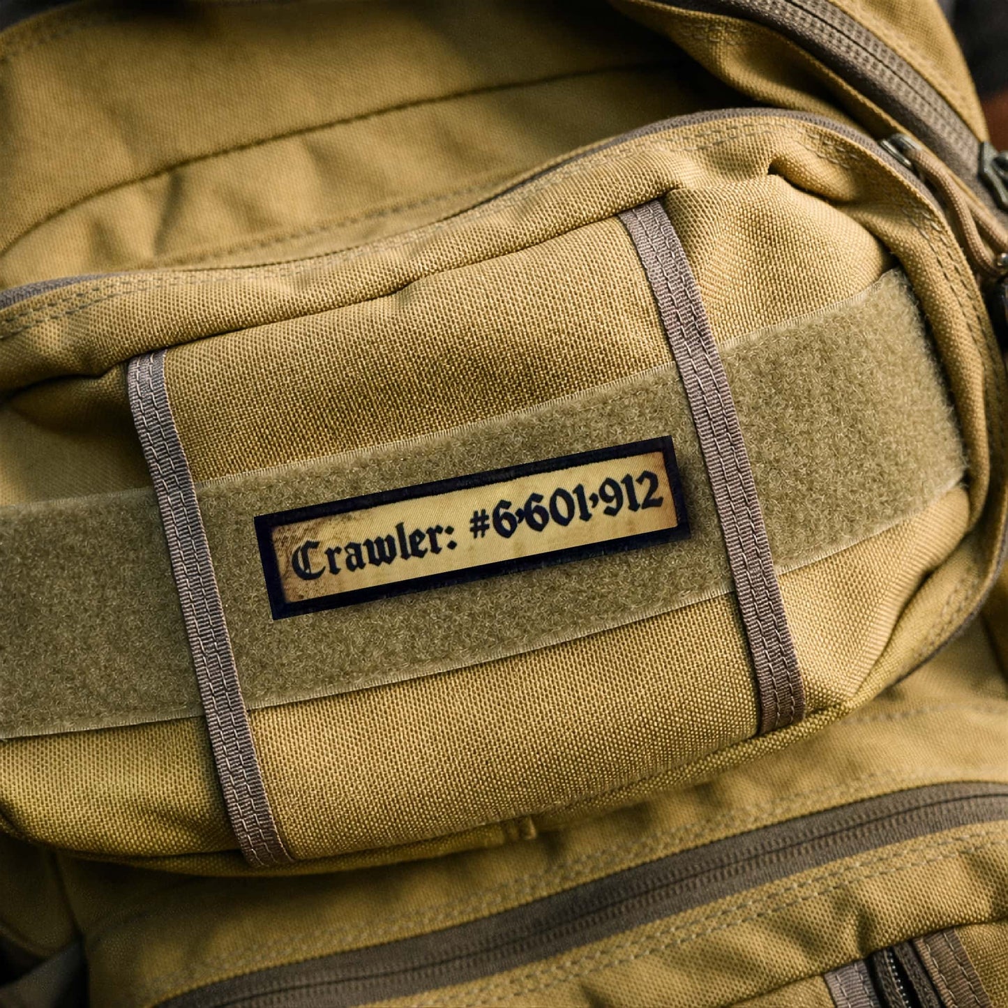 Dungeon Crawler Carl Dungeon Crawler Number 6,601,912 Morale Patch on tan backpack