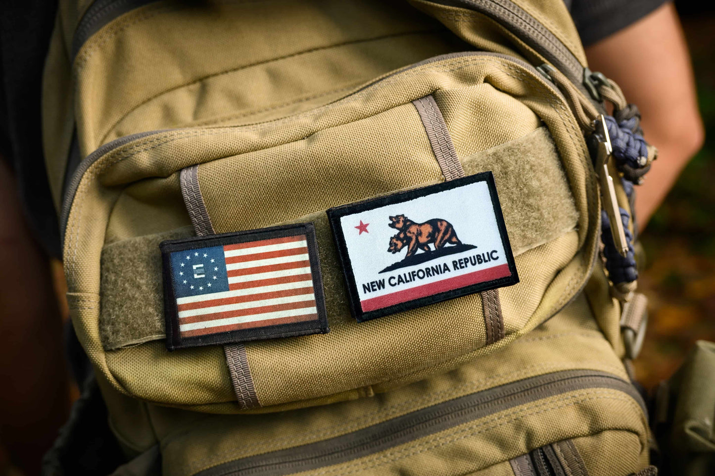 Fallout Enclave Flag Morale patch on backpack