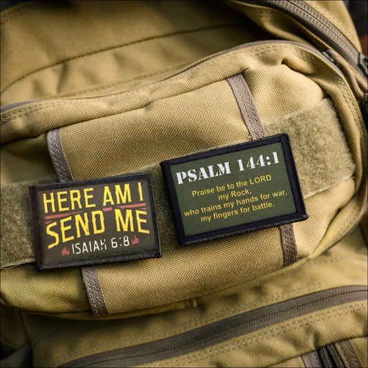 Psalm 144:1 Bible Verse Christian Bible Morale Patch on a tactical Backpack along with the Here I Am Send Me Morale Patch