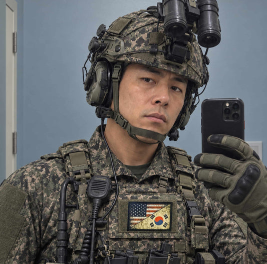 Distressed USA South Korean Flag Morale Patch attached to a backpack, hat, vest, or range bag