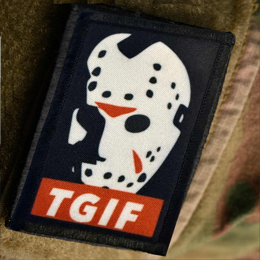TGIF Friday the 13th Hockey Mask Morale Patch on camo jacket sleeve