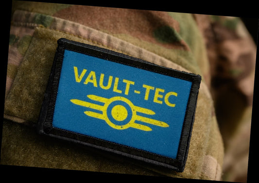 Fallout Vault-Tec logo Morale patch on a camo sleeve