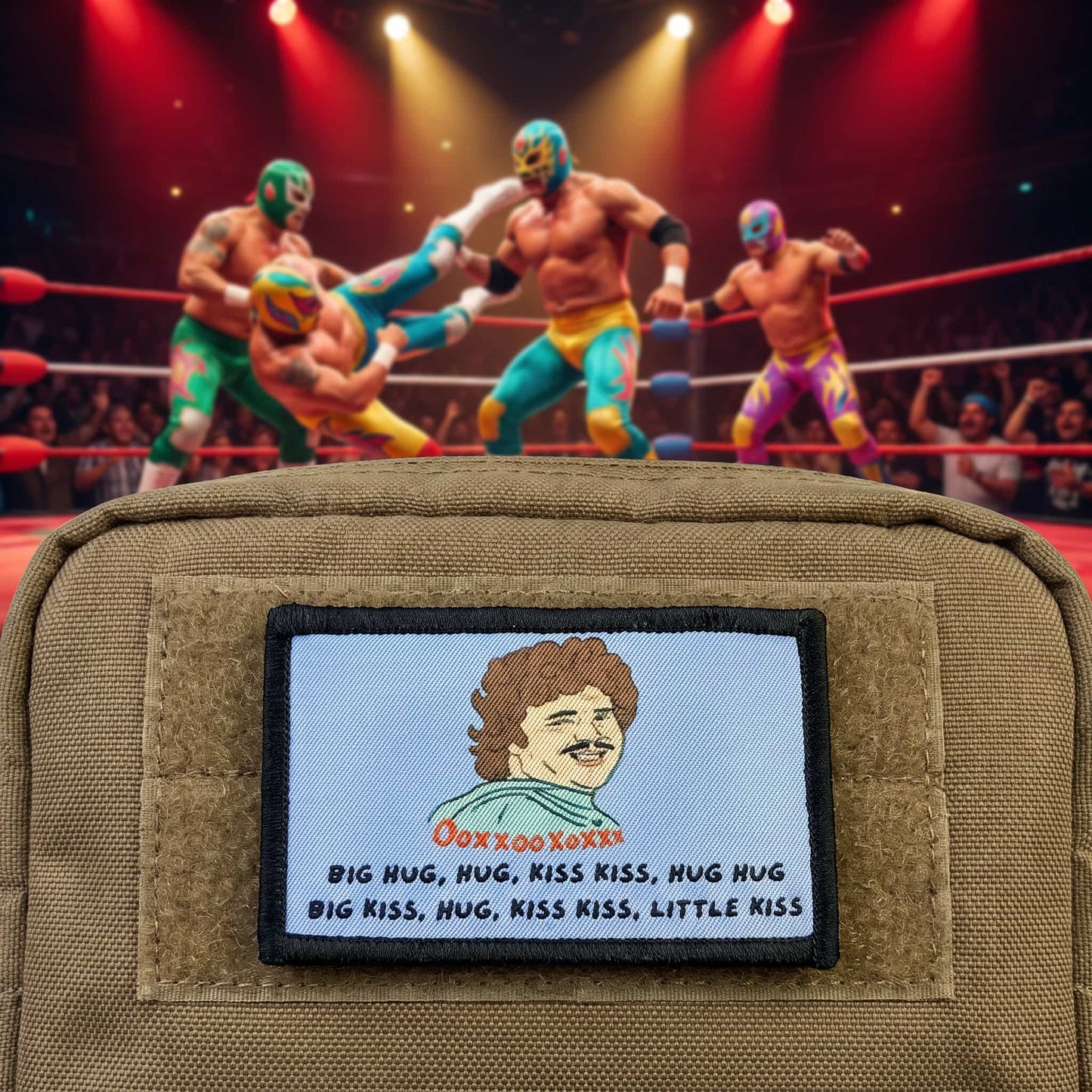 Nacho Libre Big Hug, hug, kiss, kiss morale patch at a lucha libre wrestling match