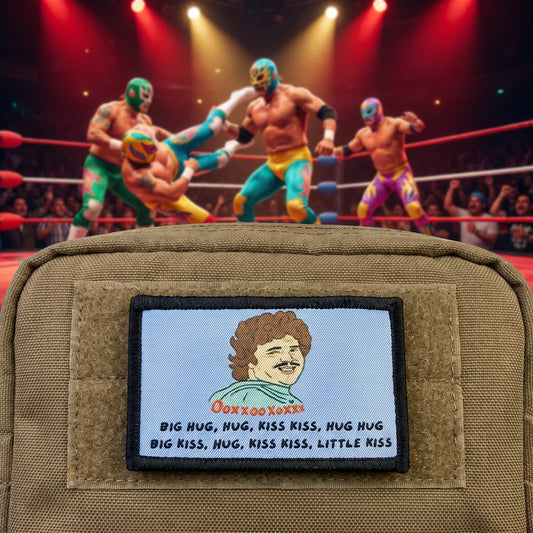 Nacho Libre Big Hug, hug, kiss, kiss morale patch at a lucha libre wrestling match