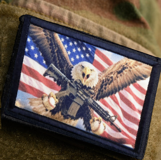 Patriotic Morale Patch Patch with an eagle holding a gun and American flag on a sleeve