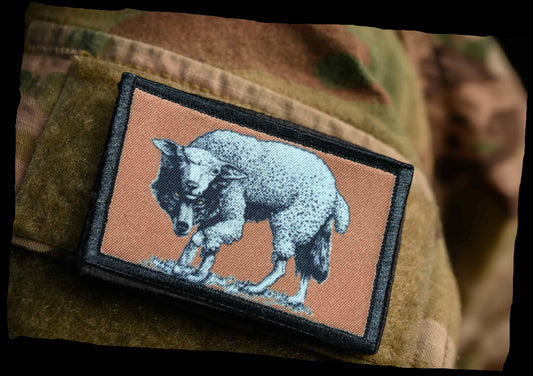 Wolf In Sheeps Clothing 2x3 Hook and Loop Morale Patch on multicam military jacket sleeve
