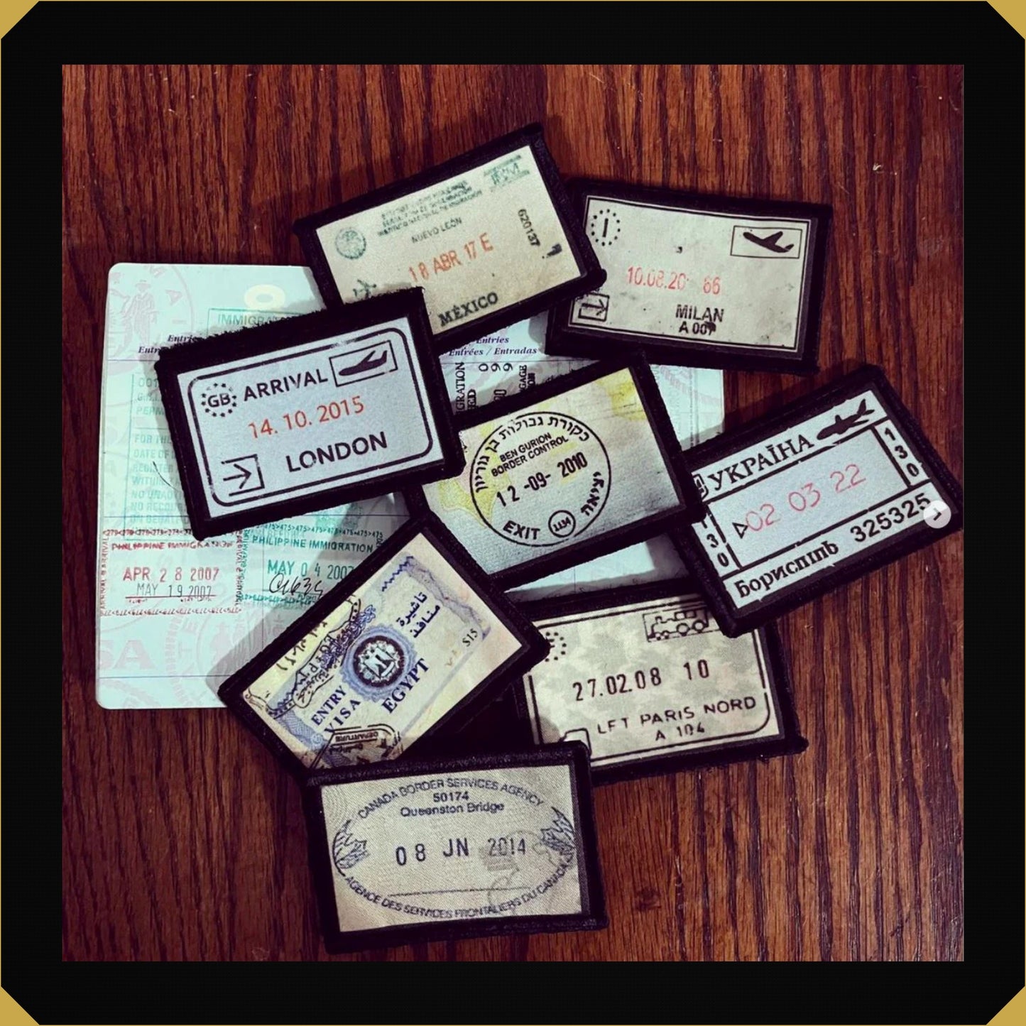 Passport Stamp Morale patchs for travel, travelers London, Mexico, Milan, Egypt, Paris, Canada, Israel, Ukraine