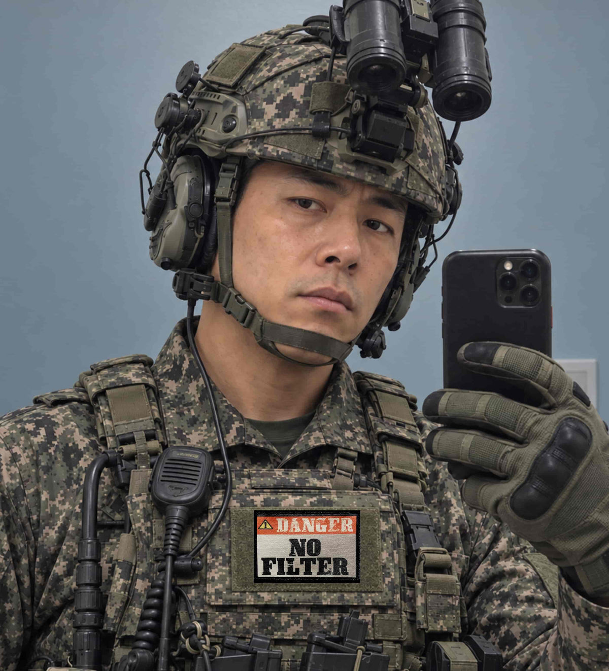 Danger No Filter morale patch attached to a tactical vest loop panel as a sarcastic gear accent