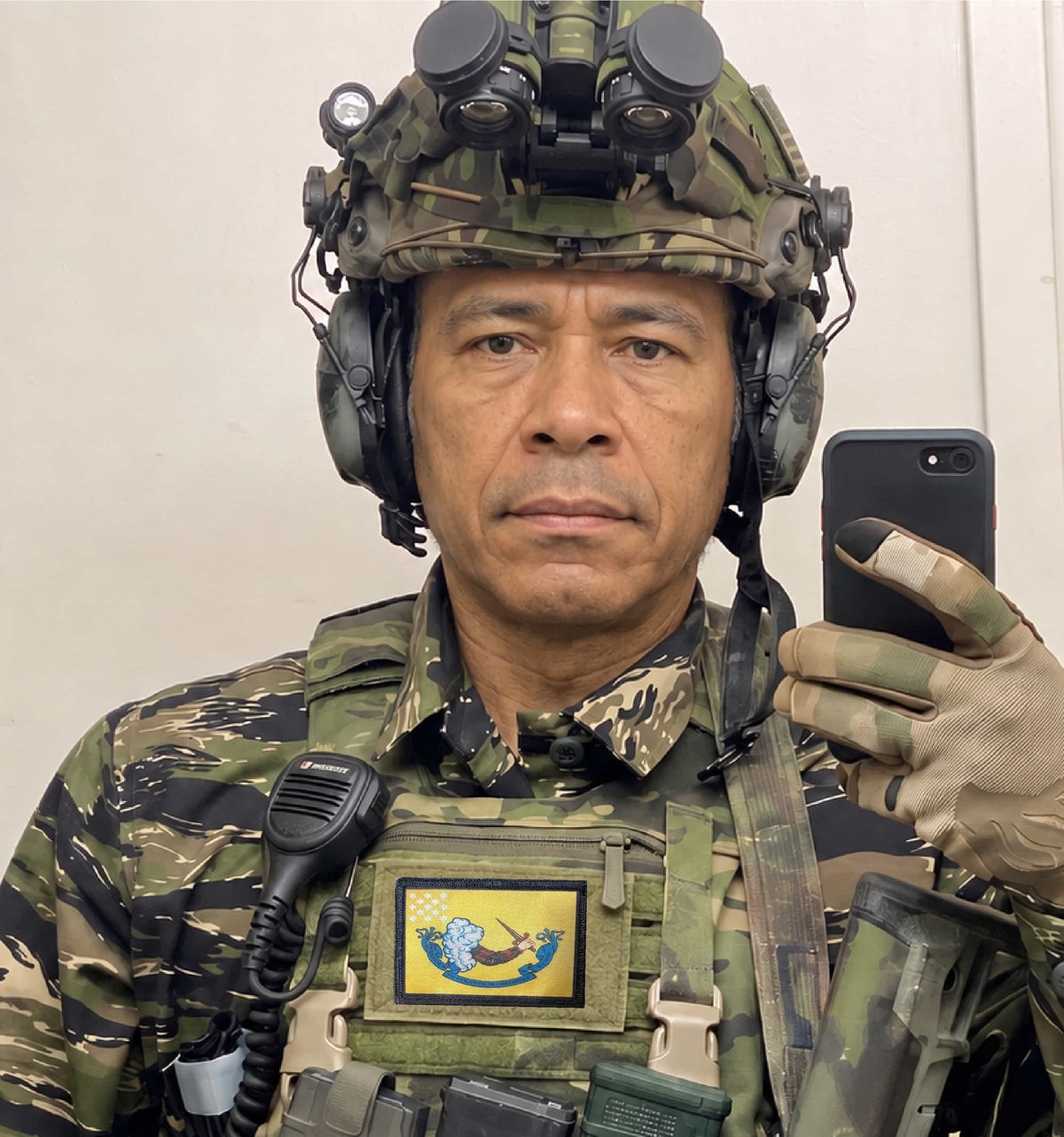 Resistance to Tyrants is Obedience to God 1776 Morale Patch on a tactical vest in Vietnam Tiger Stripe Camo