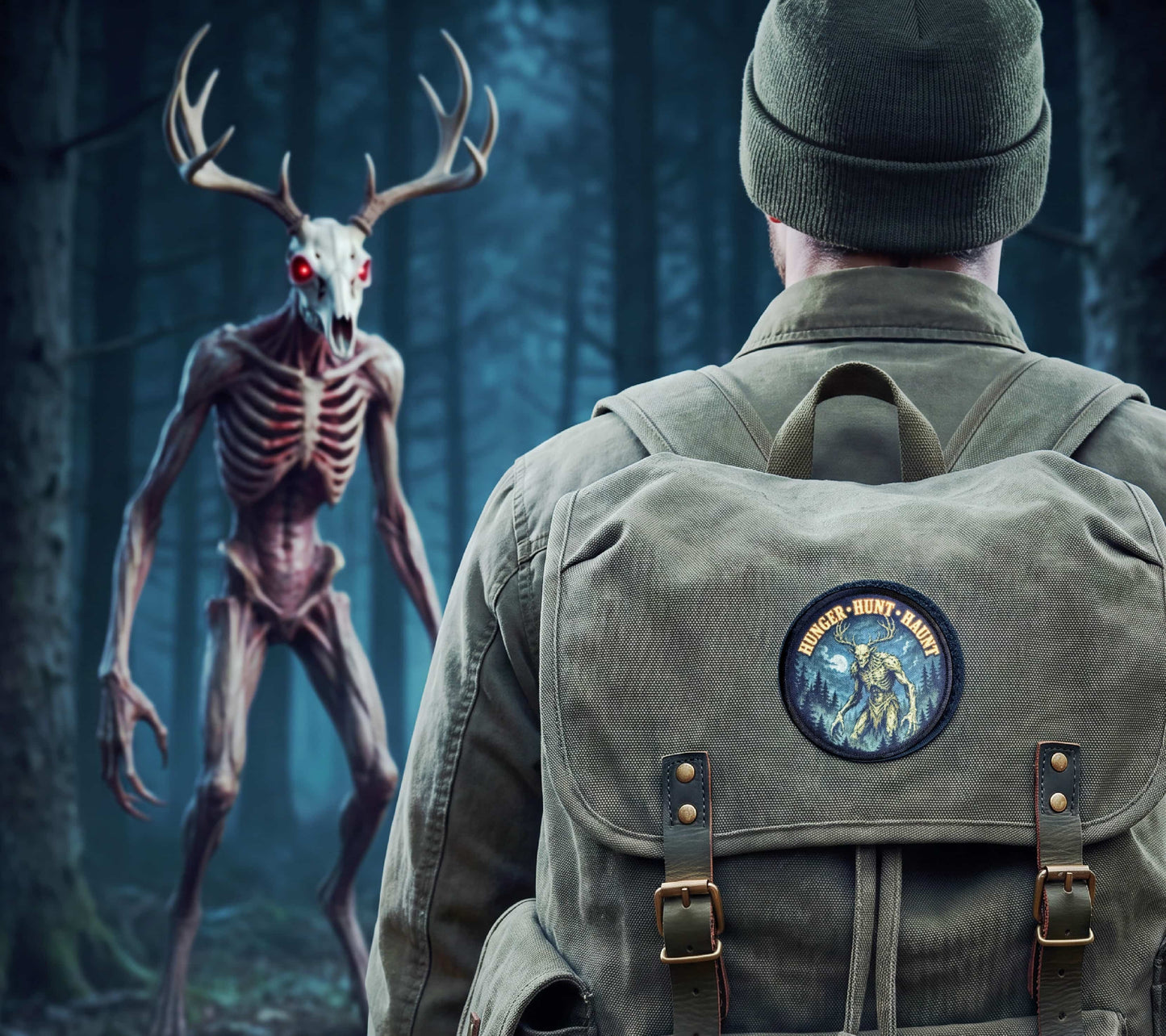 Wendigo Morale Patch displayed on a rucksack alongside other cryptid and paranormal patches