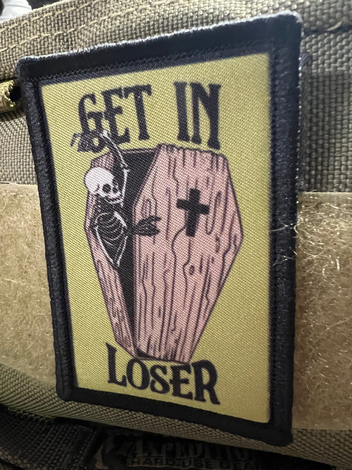 Coffin Get In Loser Morale Patch Morale Patches Redheaded T Shirts