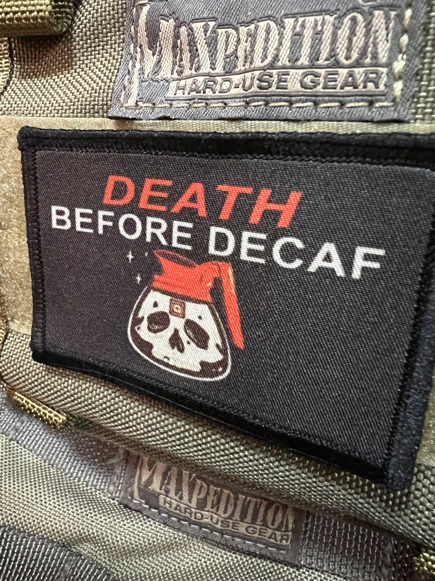 Death Before Decaf Morale Patch Morale Patches Redheaded T Shirts