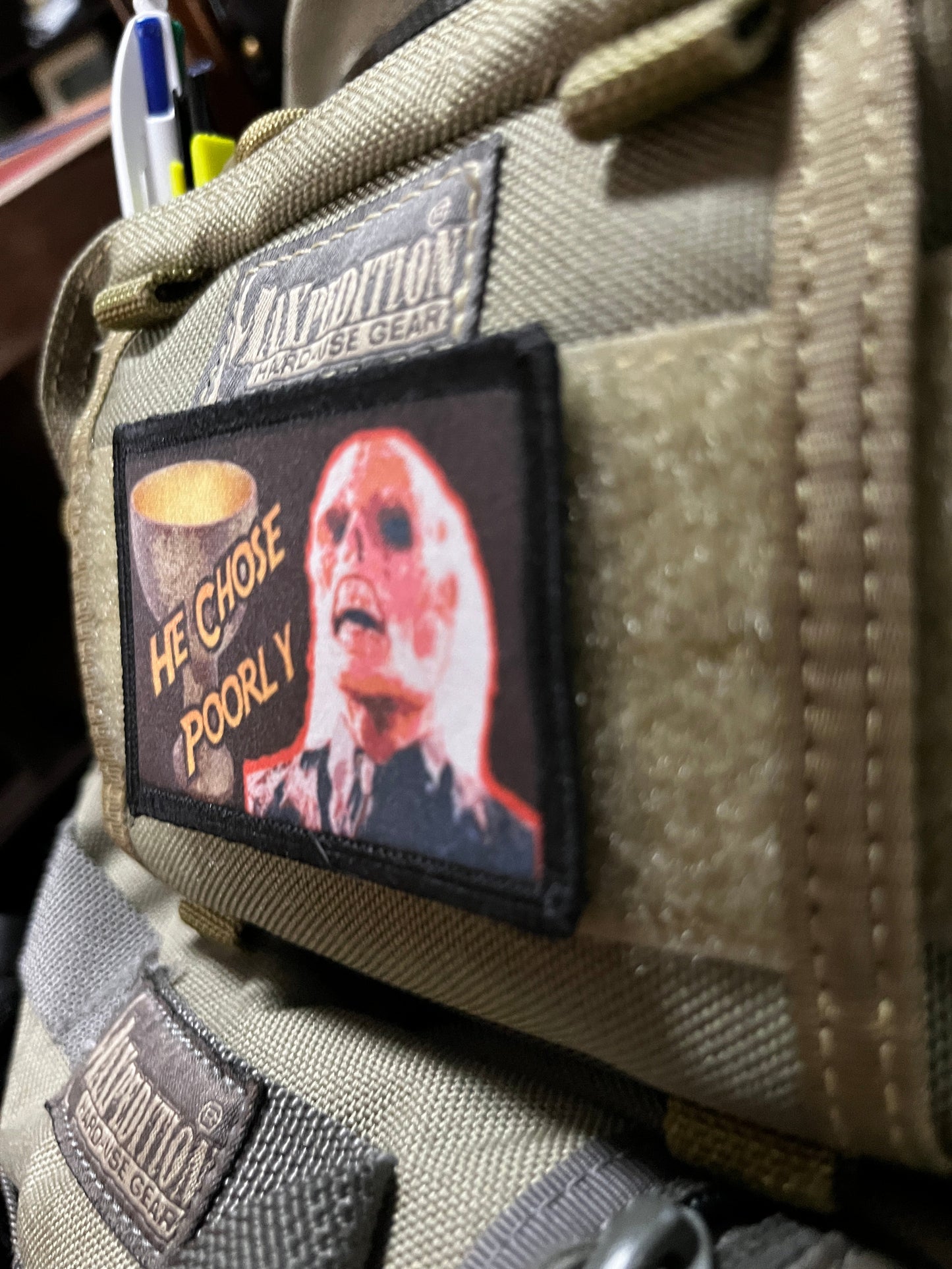Indiana Jones He Chose Poorly Raiders of the Lost Ark Morale Patch Morale Patches Redheaded T Shirts