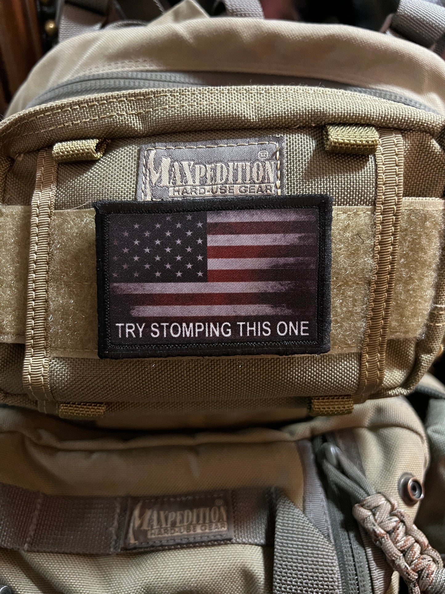 "Try stomping this one" Distressed American Flag Morale Patch Morale Patches Redheaded T Shirts