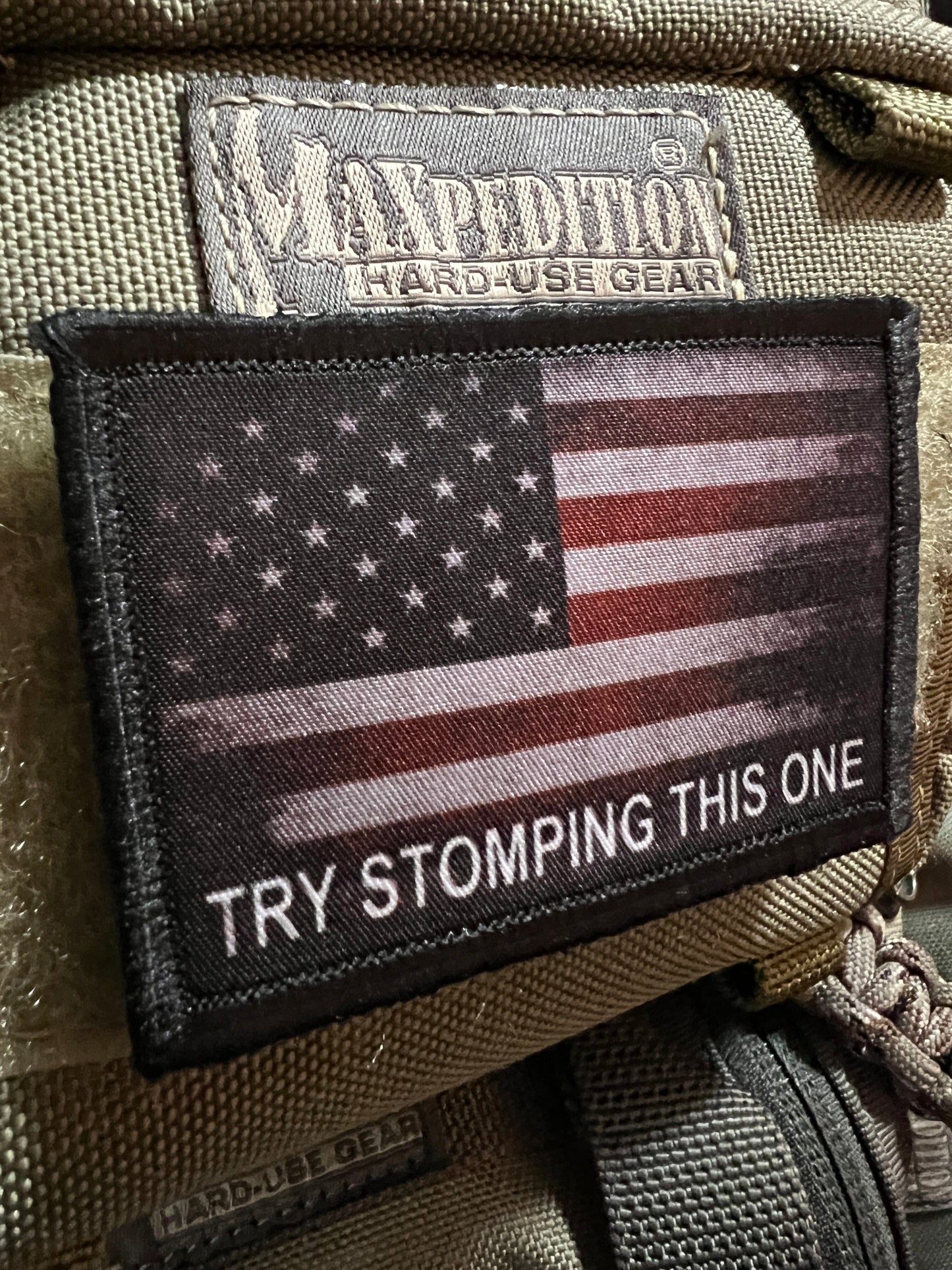 "Try stomping this one" Distressed American Flag Morale Patch Morale Patches Redheaded T Shirts