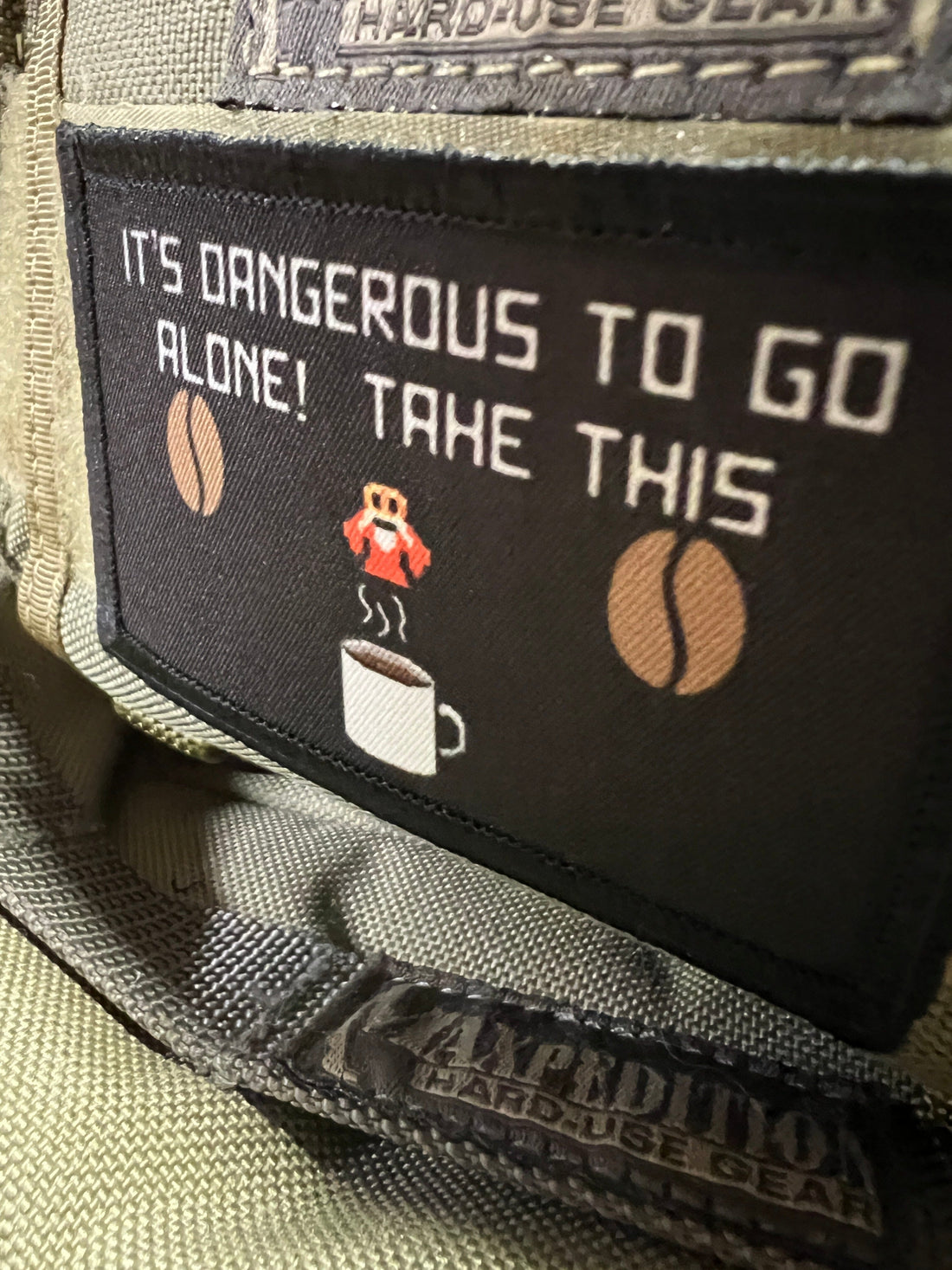 Level Up with Coffee and Gaming Humor - The "It's Dangerous to go alone! Take this" Velcro Morale Patch!