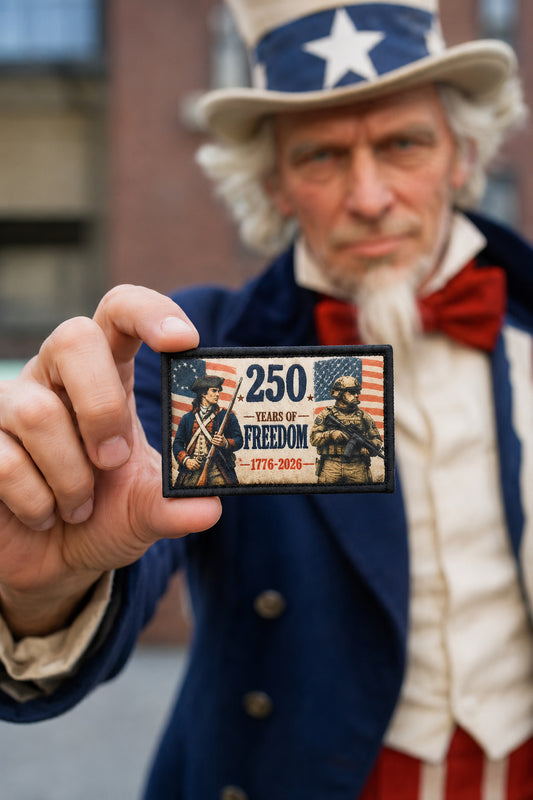 Uncle sam holding 250 Years of Freedom 1776–2026 USA morale patch