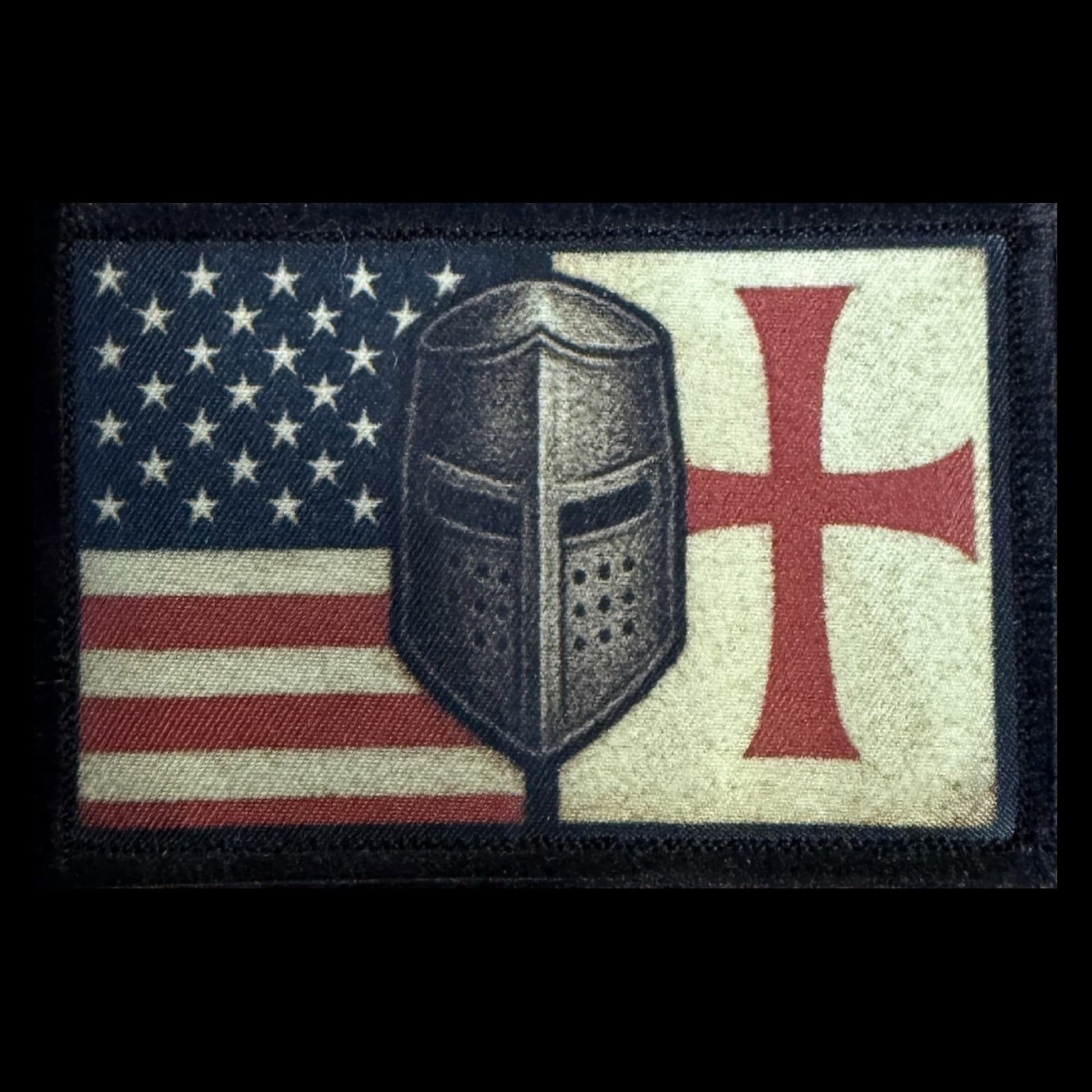 Crusader Templar USA Flag Morale Patch showing a steel medieval knight helmet centered over an American flag and red Templar cross