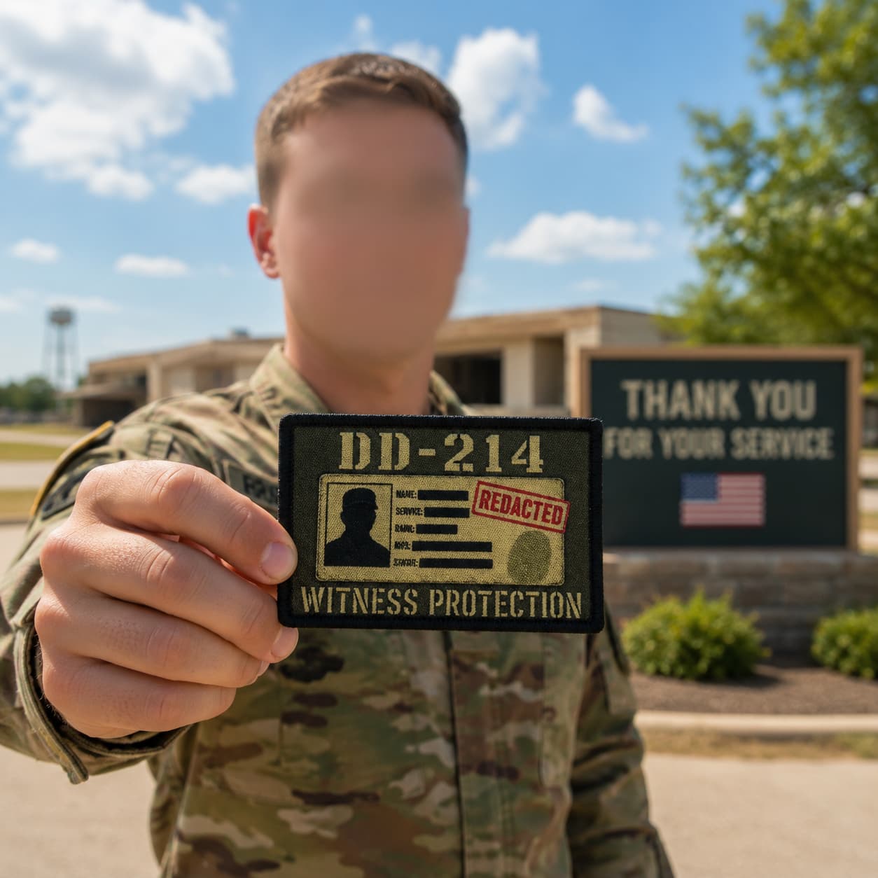 Soldier in OCP camo holding DD-214 Morale Patch 