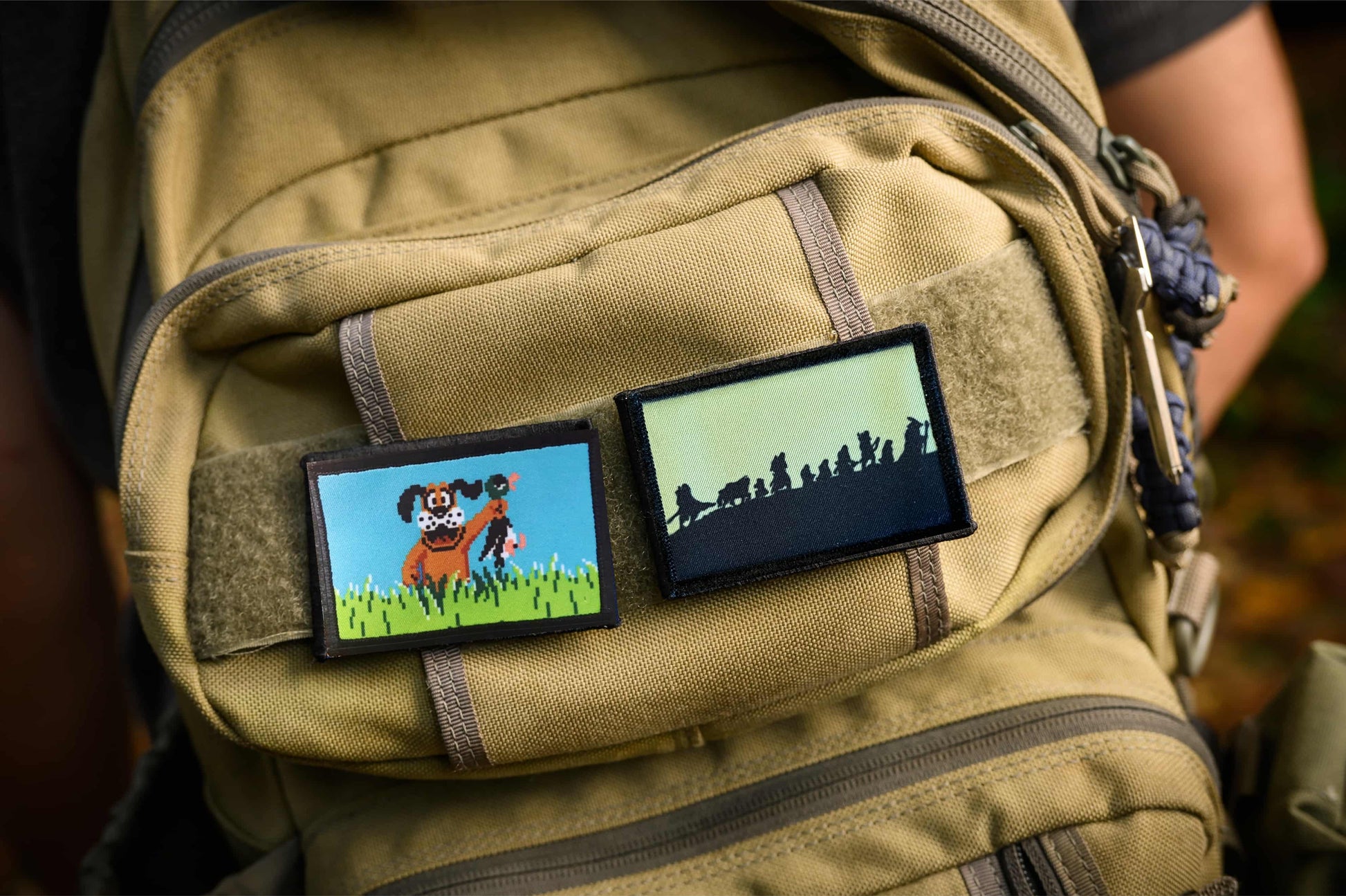 Duck Hunt and Lord of the Rings Fellowship of the Ring Morale Patches on a tactical backpack