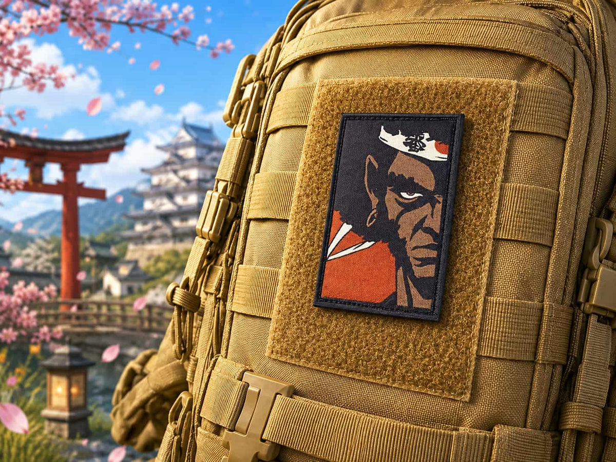 Afro Samurai Morale Patch in a scene of cherry blossoms