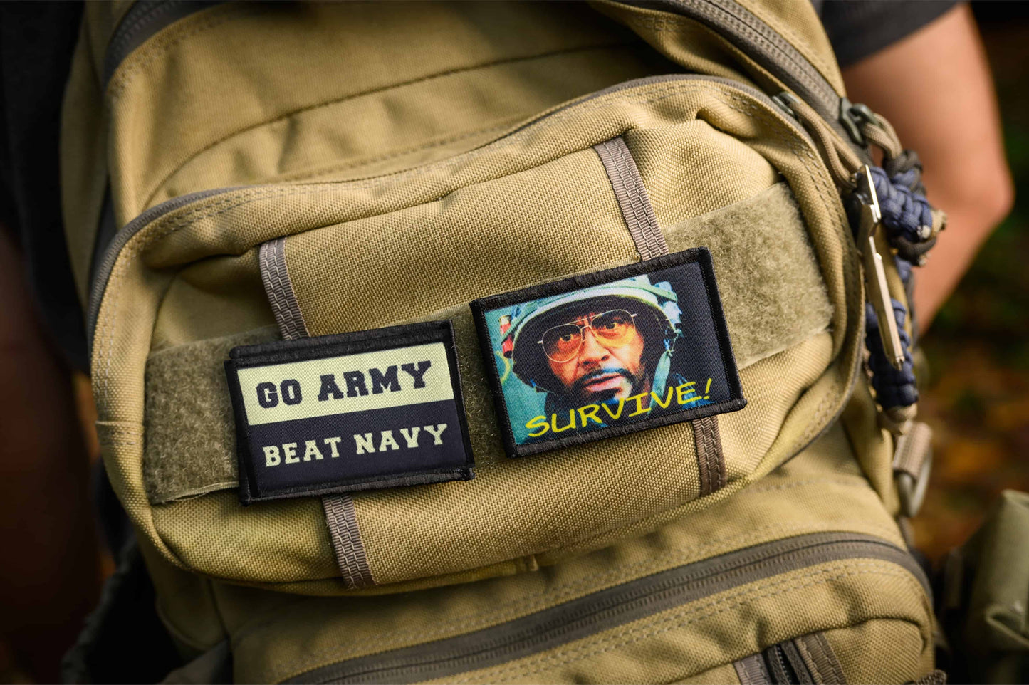 Go Army Beat Navy Football Morale Patch West Point on tan backpack
