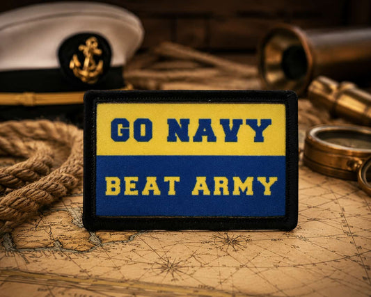 GO NAVY BEAT ARMY hook and loop morale patch on  a naval map with hat and rope