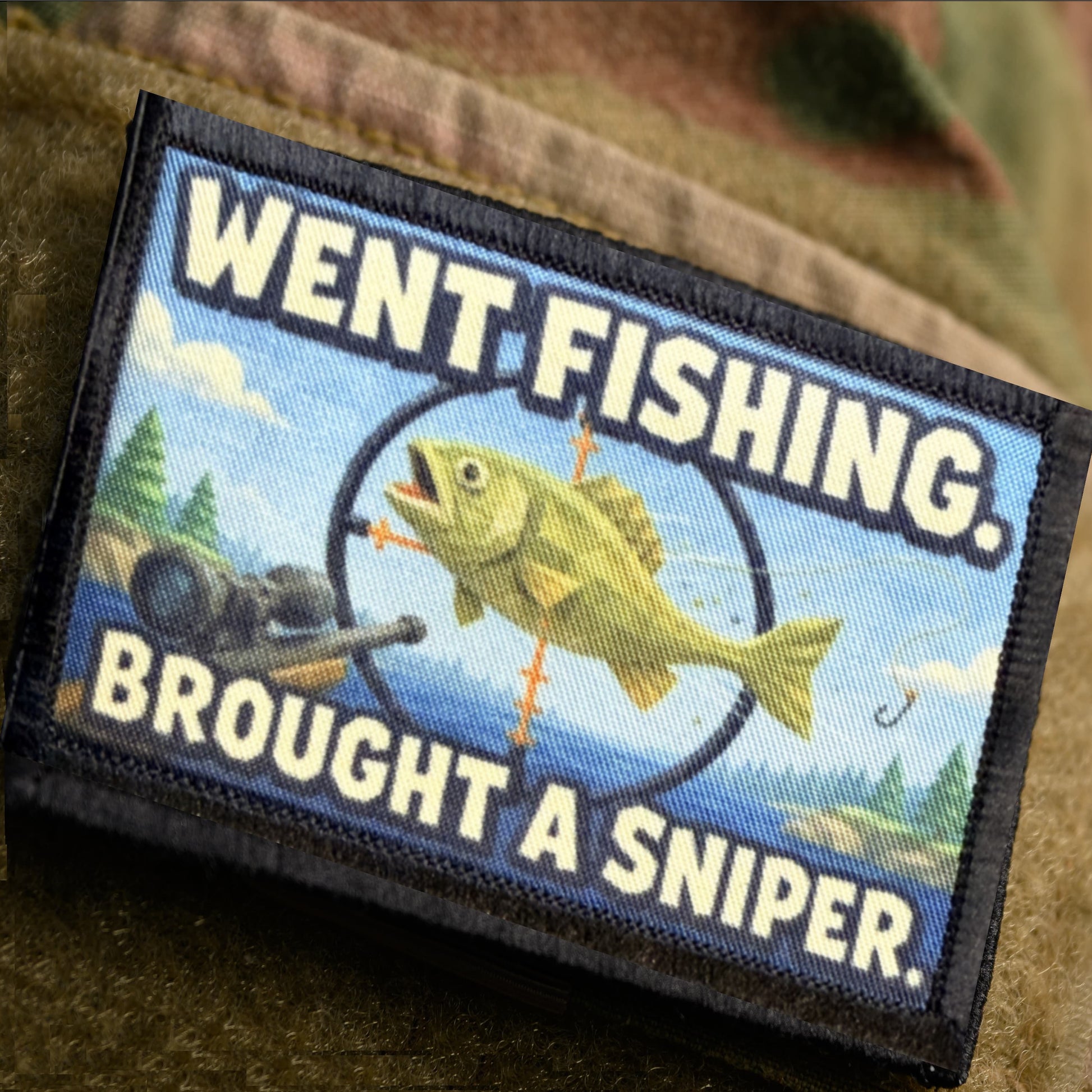 Funny 2x3 morale patch for How to Fish game fans. A bass locked in a sniper scope — dye-sub printed, hook & loop, made in NC.