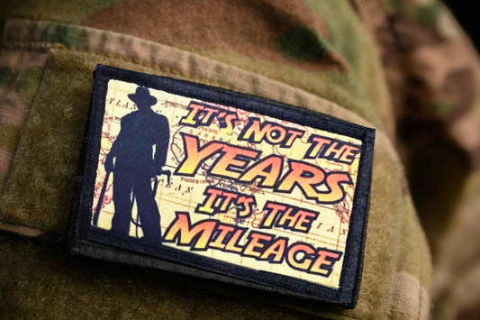 Indiana  Jones It's Not the Years It's the Mileage Morale patch on OCP camo sleeve