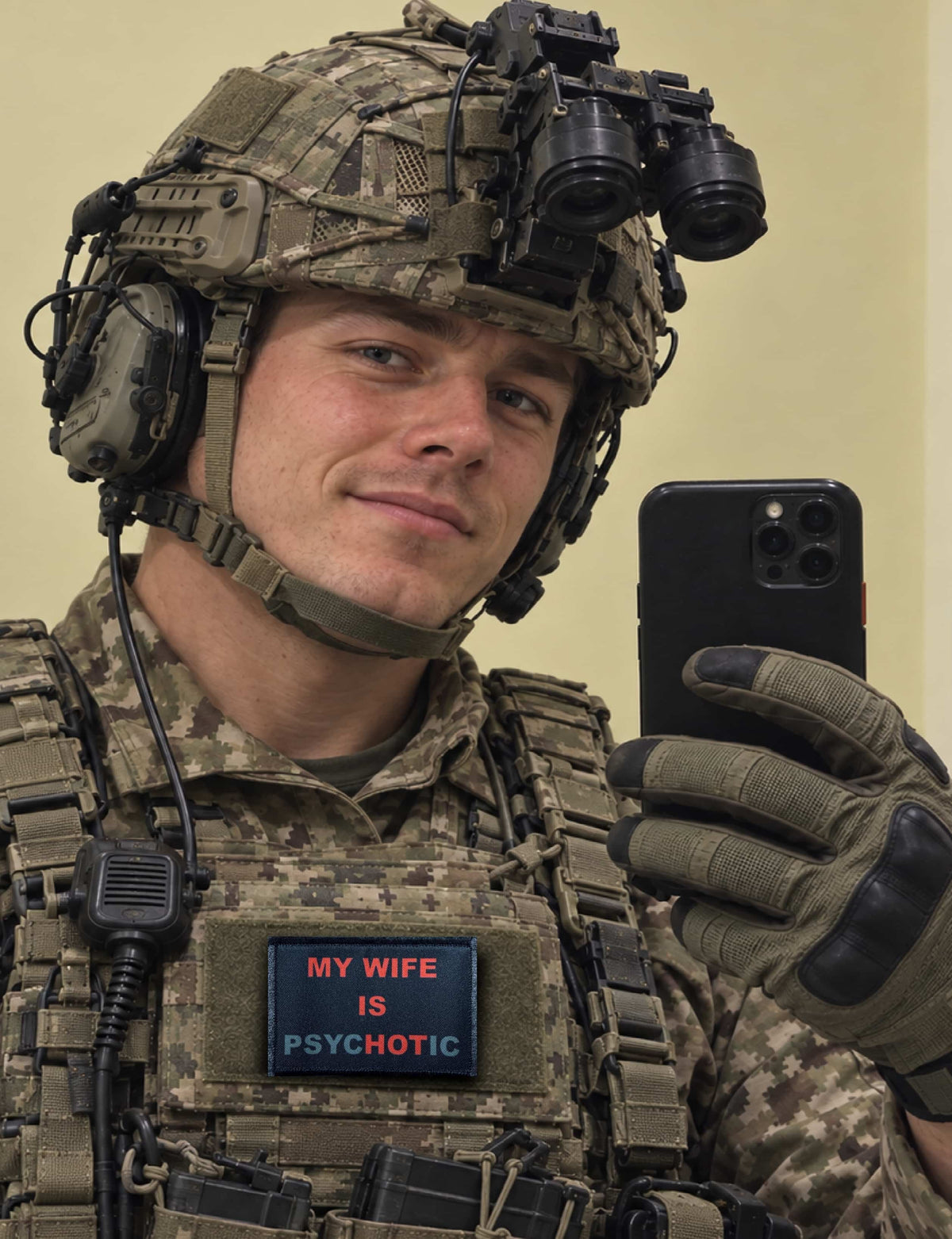 My Wife Is PsycHOTic morale patch attached to a tactical vest for a funny marriage gear display