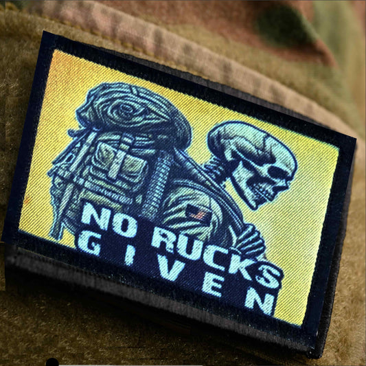 No Rucks Given patch — a funny rucking pun gift for veterans, hikers, and backpackers