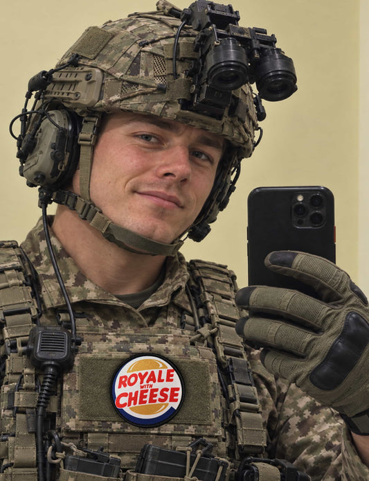 Royale with Cheese morale patch attached to the hook-and-loop panel of a tactical vest