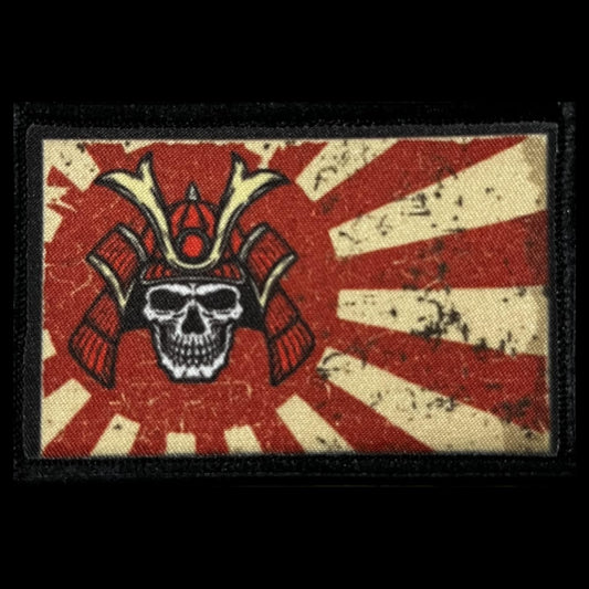 Samurai Skull Rising Sun Flag morale patch with armored skull and distressed red sunburst artwork