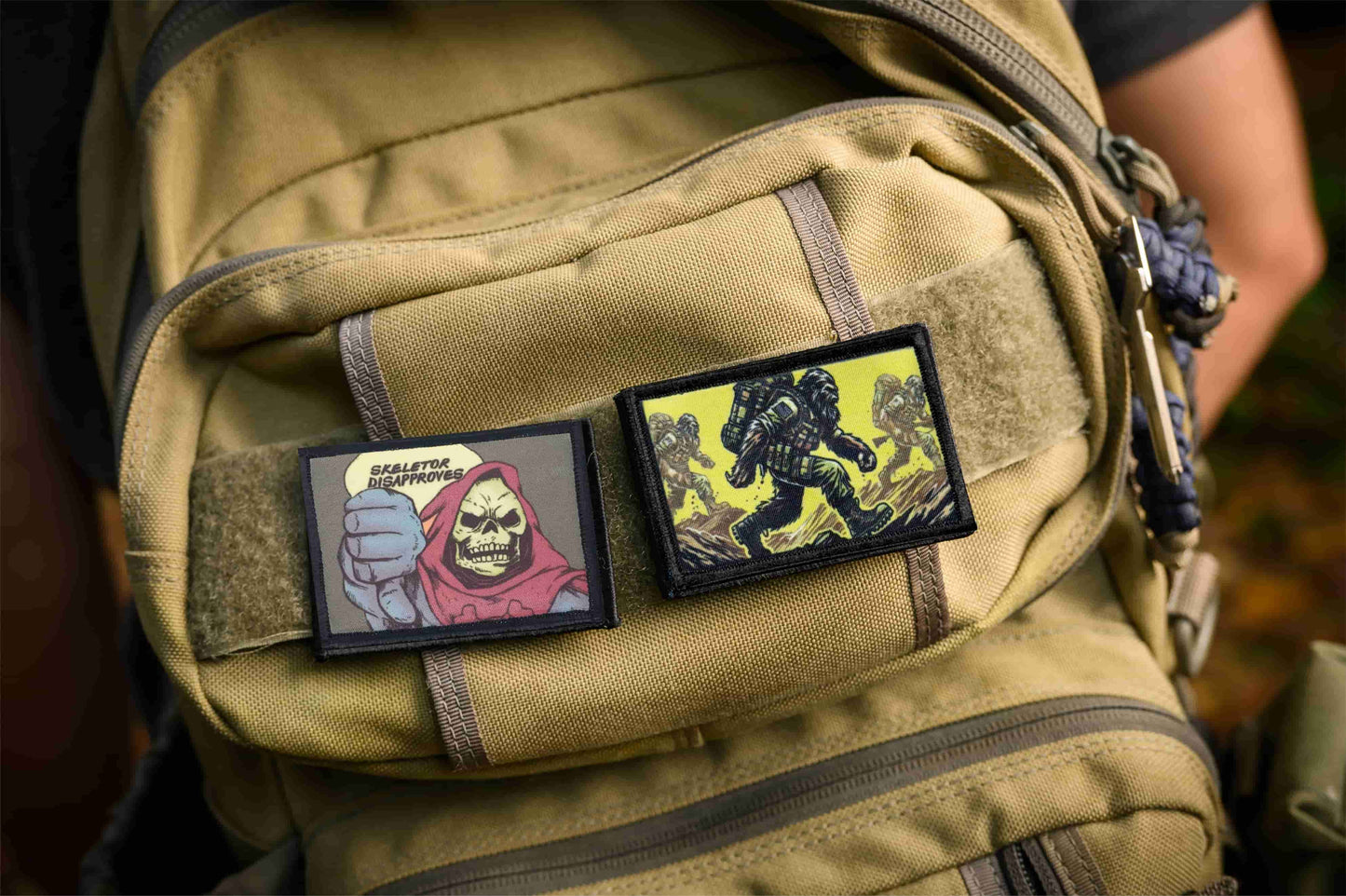 Tan backpack with Sasquatch Ruck Bigfoot Morale patch