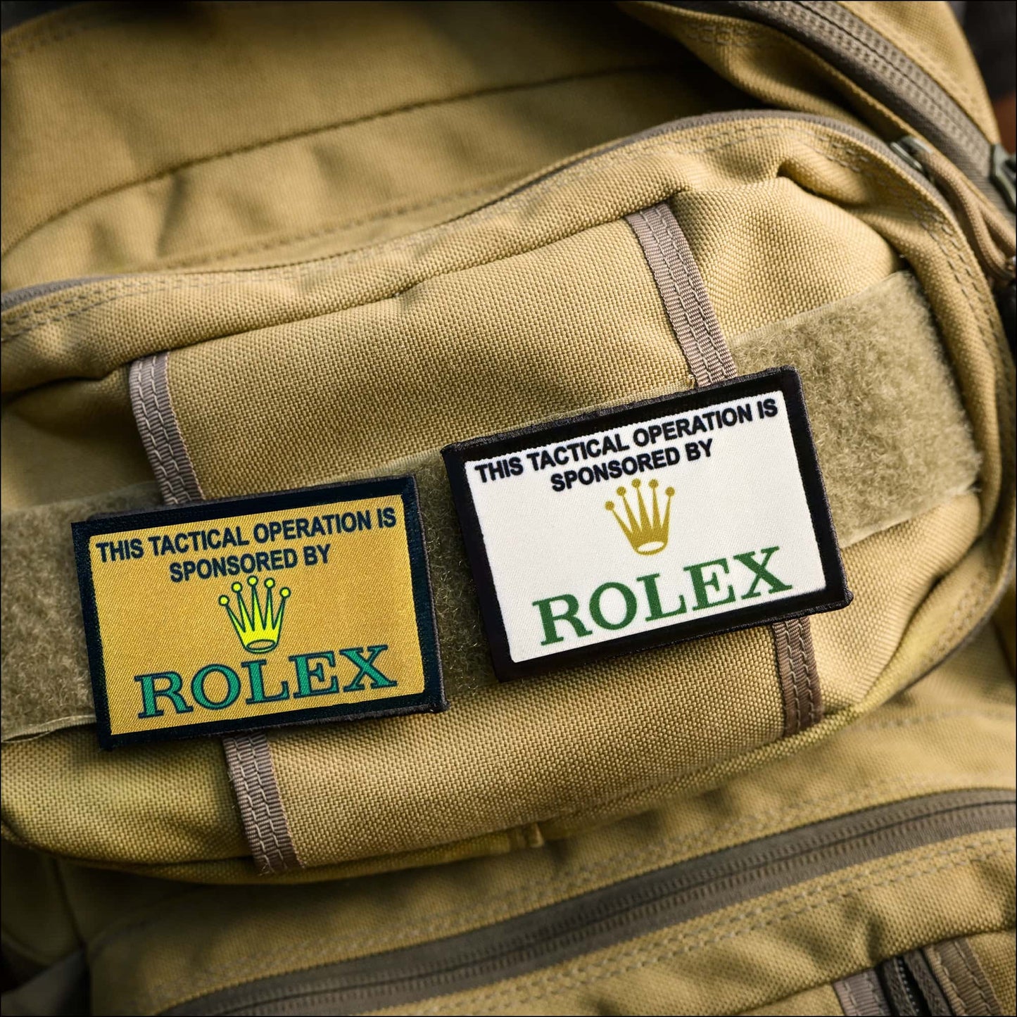 This tactical opertation sponsored by Rolex Morale patches Coyote Brown and White on a Tactical backpack