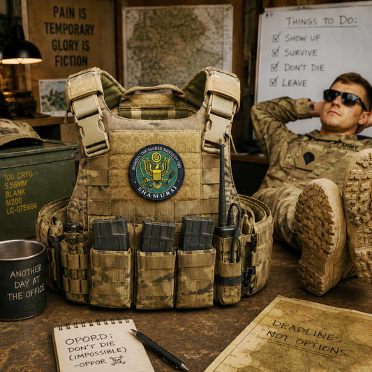 BEHOLD, THE SACRED SHIELD OF THE SHAMURAI E4 Sham Shield Morale Patch on a tactical vest