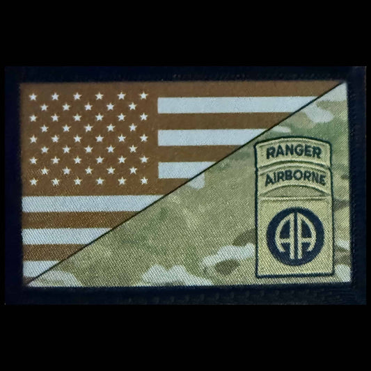 Close-up of the 82nd Airborne Ranger subdued patch showing the double-A circle insignia, Ranger tab, Airborne tab, and multicam camouflage detail in dye-sublimation fabric.