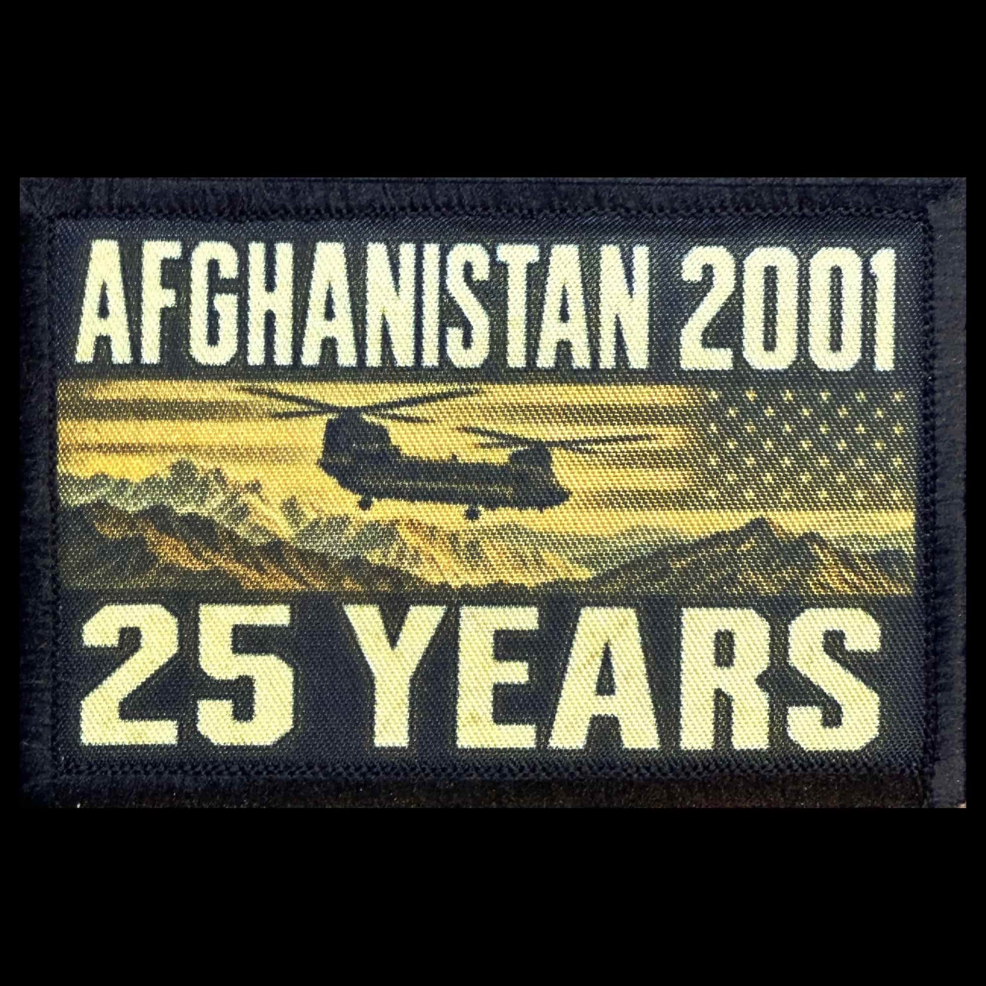 Afghanistan 2001 25 Years Morale Patch showing a CH-47 Chinook helicopter over golden Afghan mountains